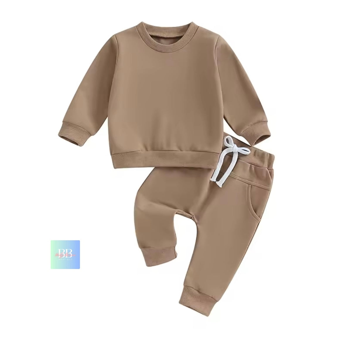 Brown children's sweatshirt and pants set on a white background