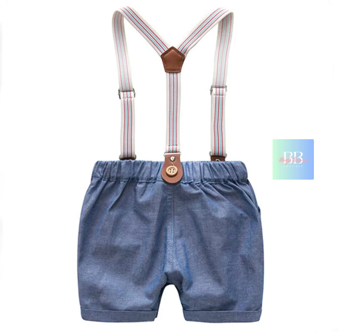 Baby/Toddler Formal Outfit. Short Dungarees, Shirt Style Romper with Bow Tie. 8 colours, 3-24M.