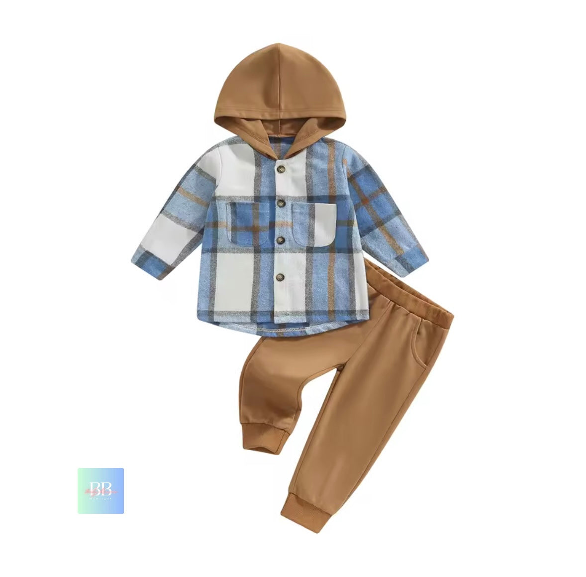 Children's plaid shirt with hood and brown pants on a white background