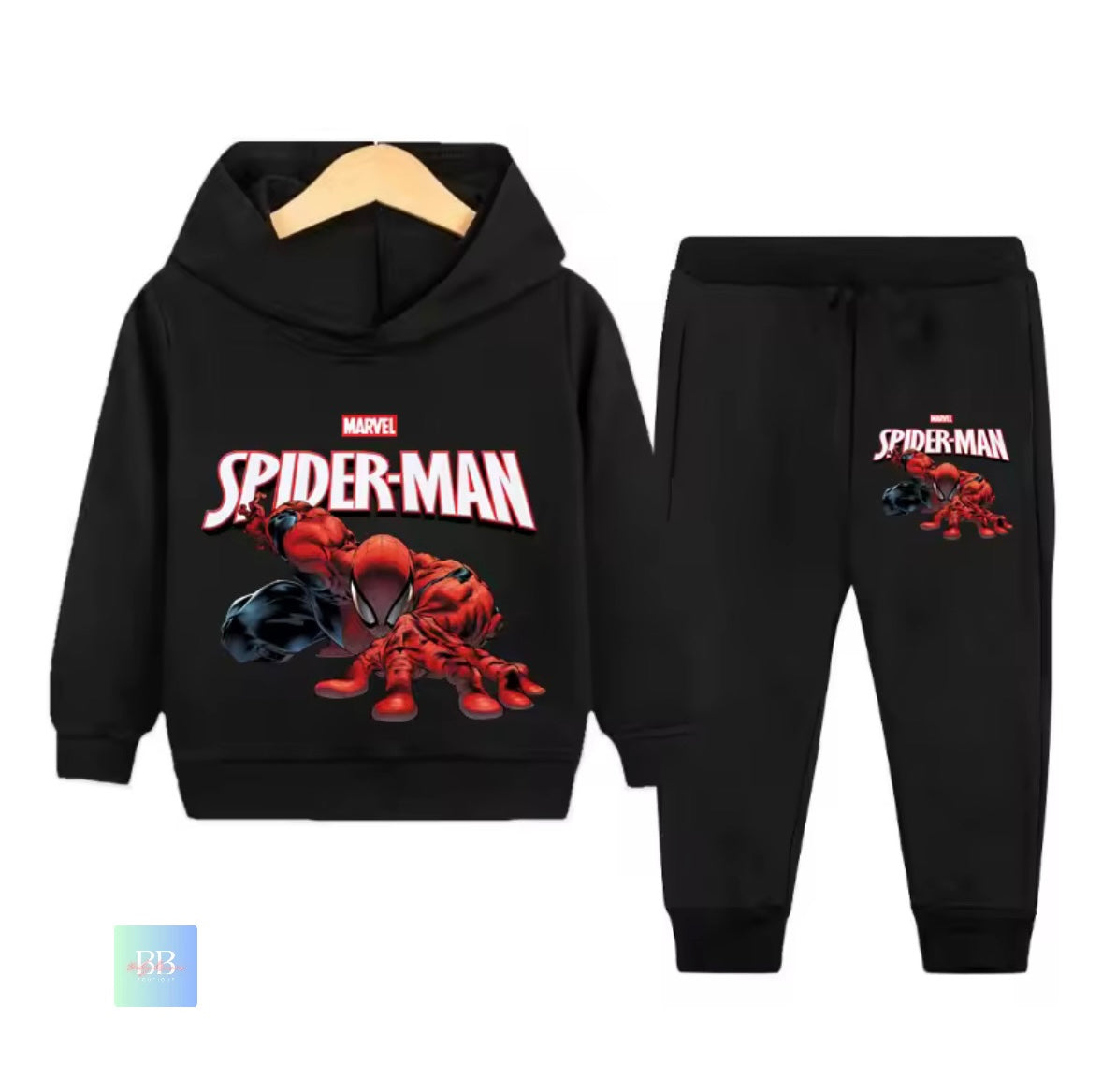 Black Spider-Man hoodie and pants set on a white background