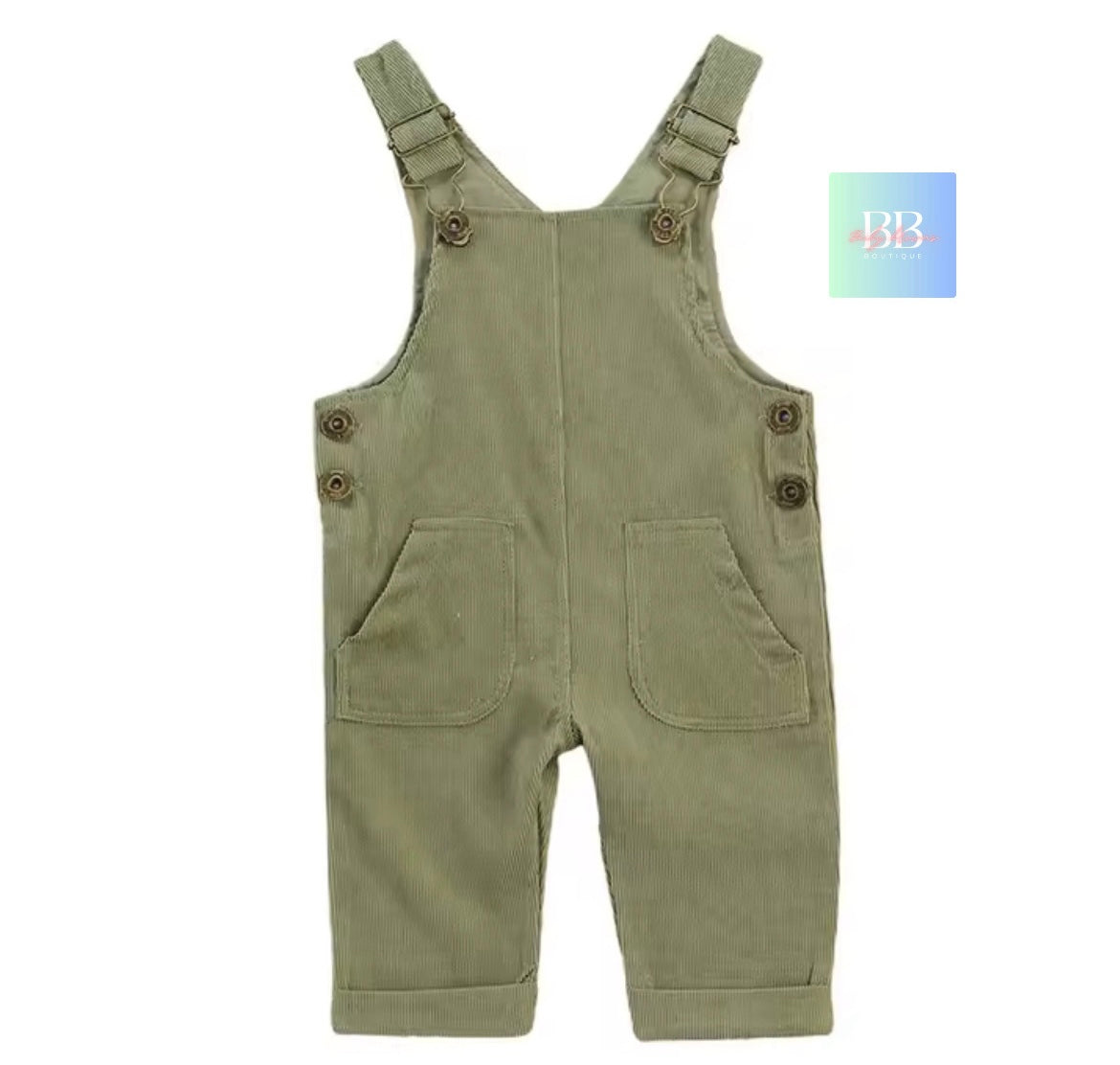 Green overalls with button details on a white background
