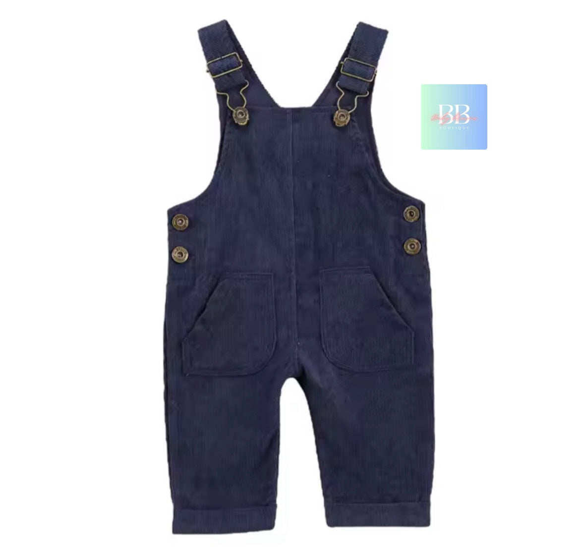 Navy blue overalls with button details on a white background