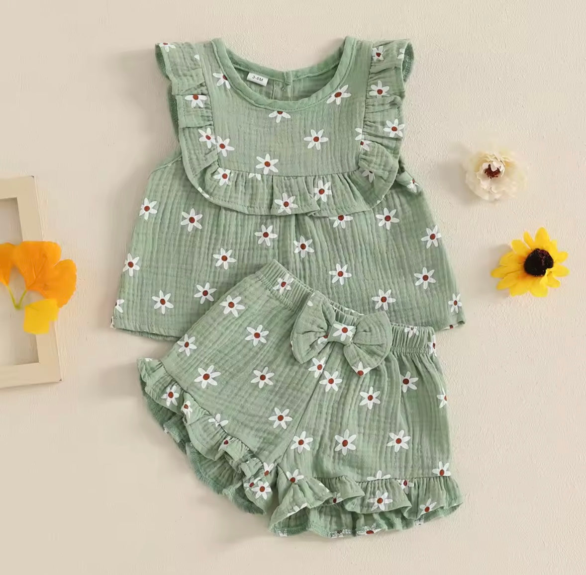 Baby Toddler Floral Muslin Sleeveless Top & Matching Shorts Set. 3 Colours 6M-4Y