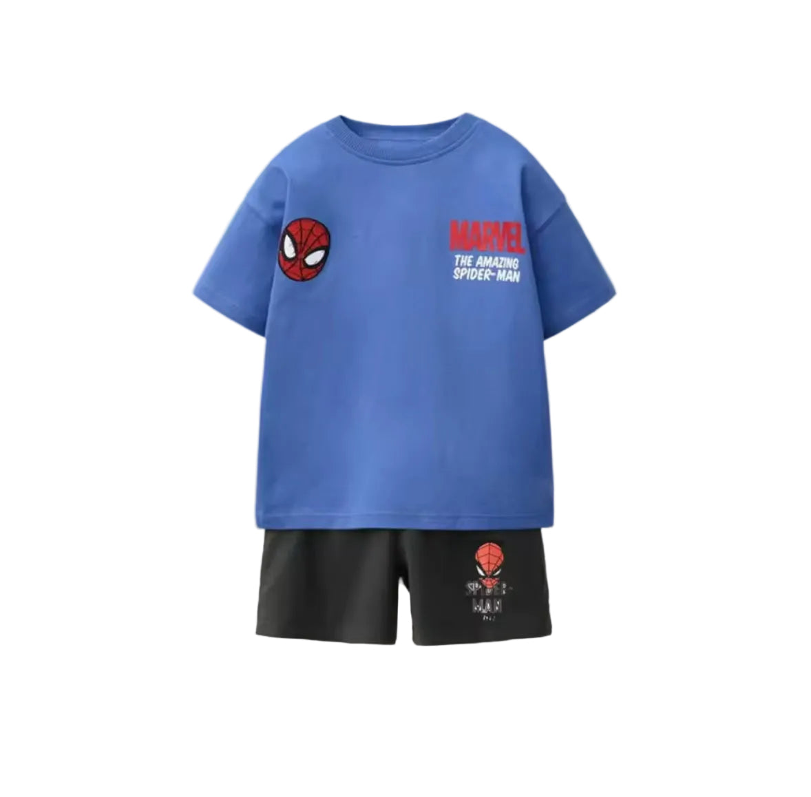 Blue t-shirt and black shorts set with Spider-Man logo on a light gray background