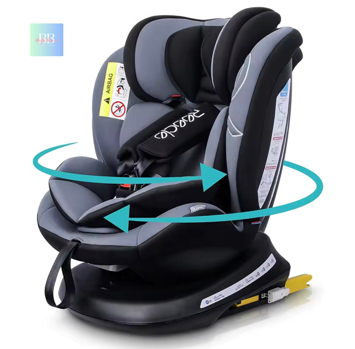 Child car seat with safety features highlighted on a white background