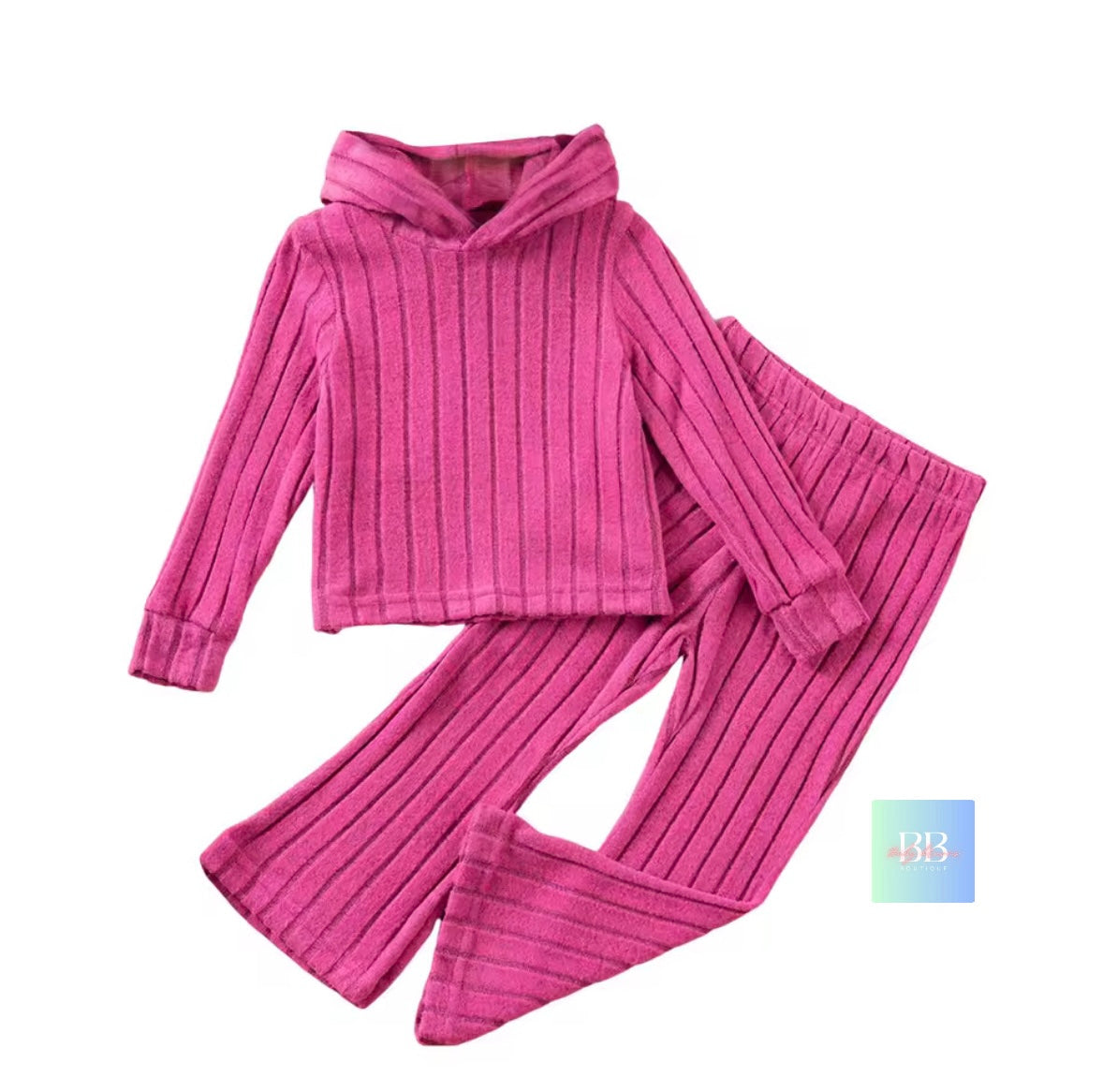 Pink ribbed hoodie and pants set on a white background