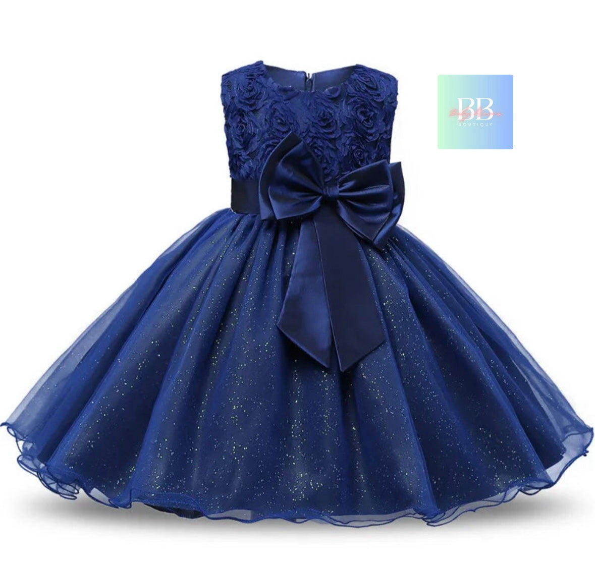 kids Lace Formal Dress with Flower Design, front Bow & Mesh Skirt. 5 colours, 4-10Y.