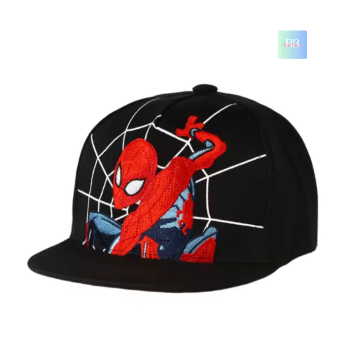Black cap with Spider-Man design on a white background