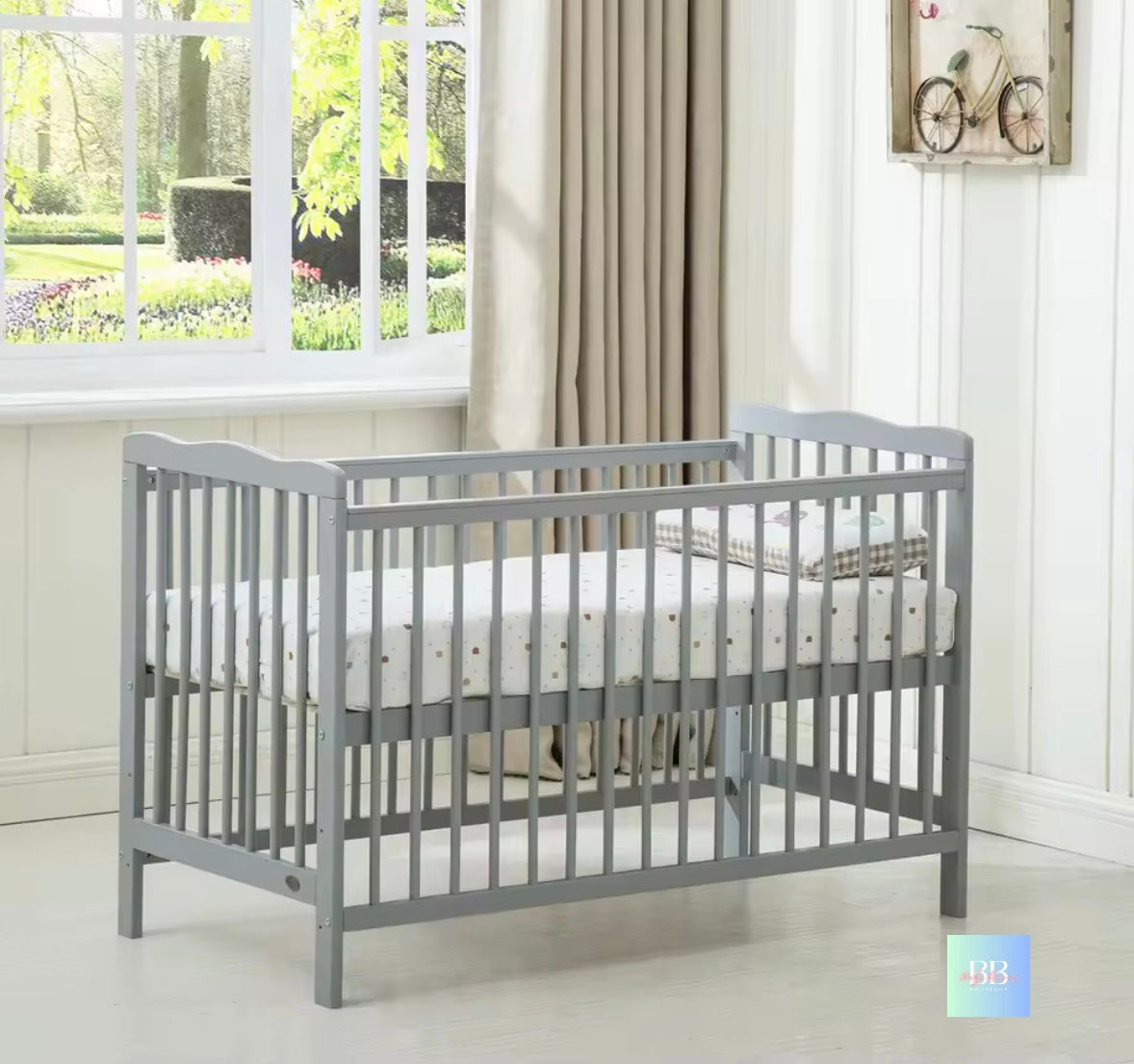 Baby/Toddler Wooden Cot Bed with Waterproof Mattress & Drawer. Colour: Grey