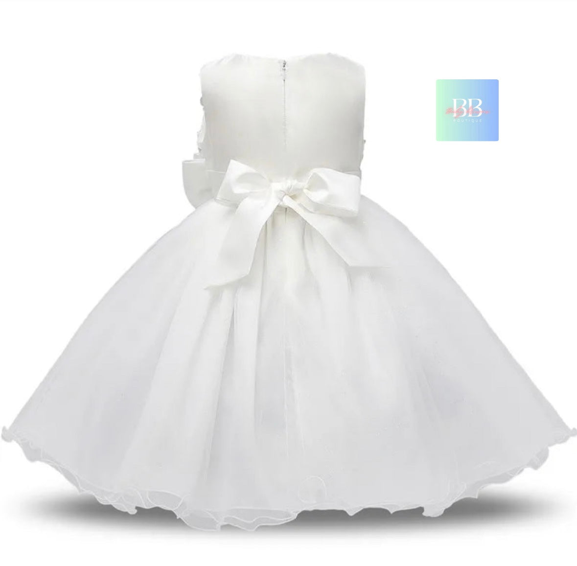 kids Lace Formal Dress with Flower Design, front Bow & Mesh Skirt. 5 colours, 4-10Y.