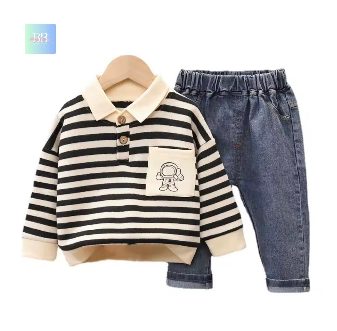 Children's outfit with striped shirt and jeans on a white background
