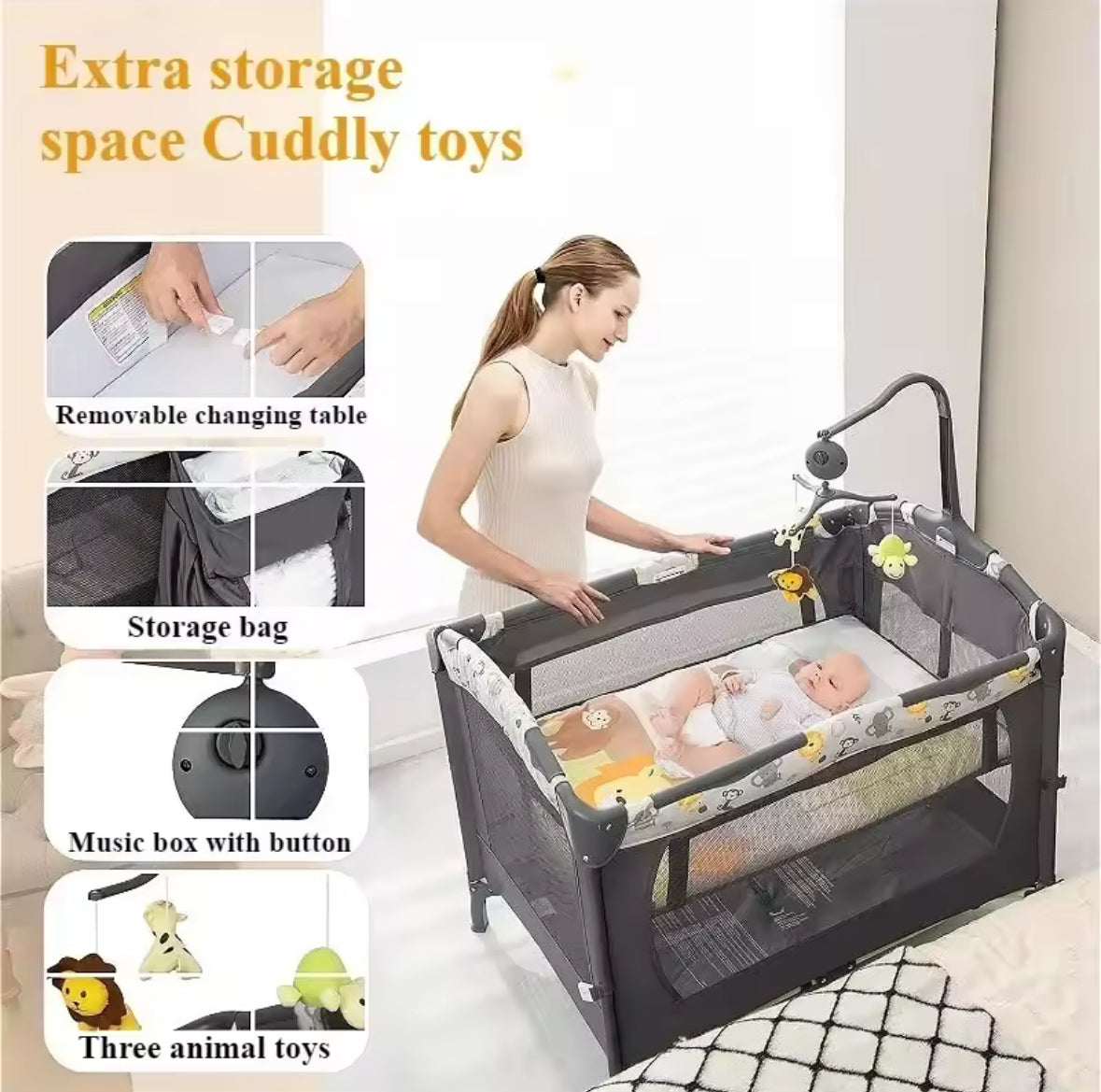 Baby playpen with features like a removable changing table, storage bag, music box, and toys.