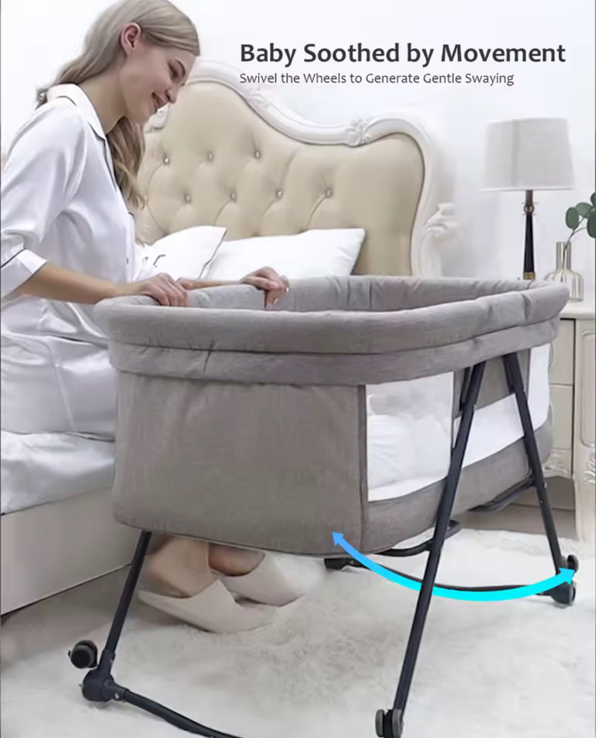 Woman interacting with a baby swing in a bedroom setting