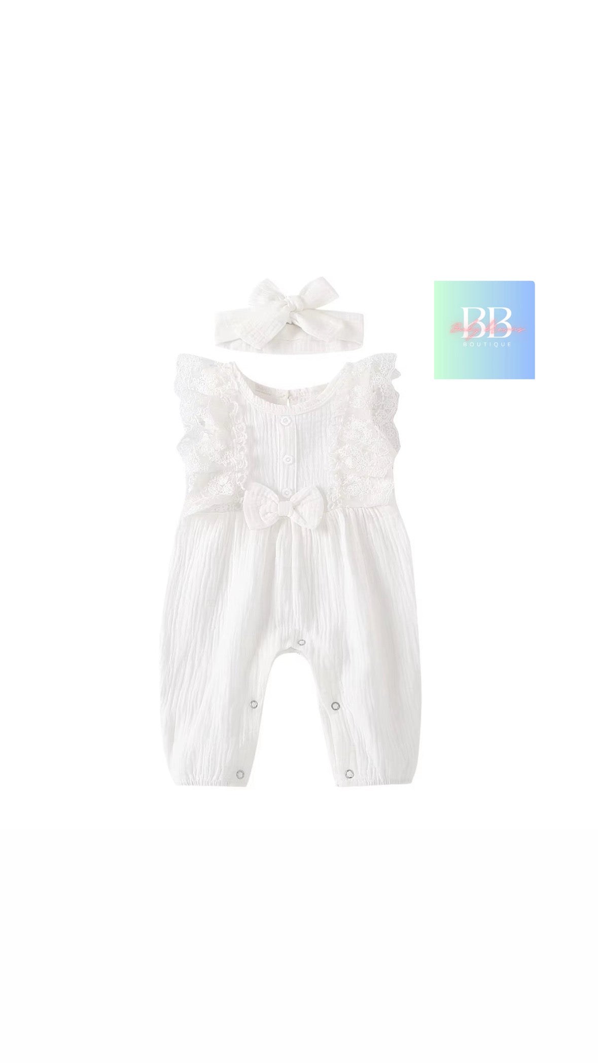 Baby/Toddler, Girls Sleeveless Romper with Lace, Cute Bow & Matching Headband. 6-24M, 5 colours.