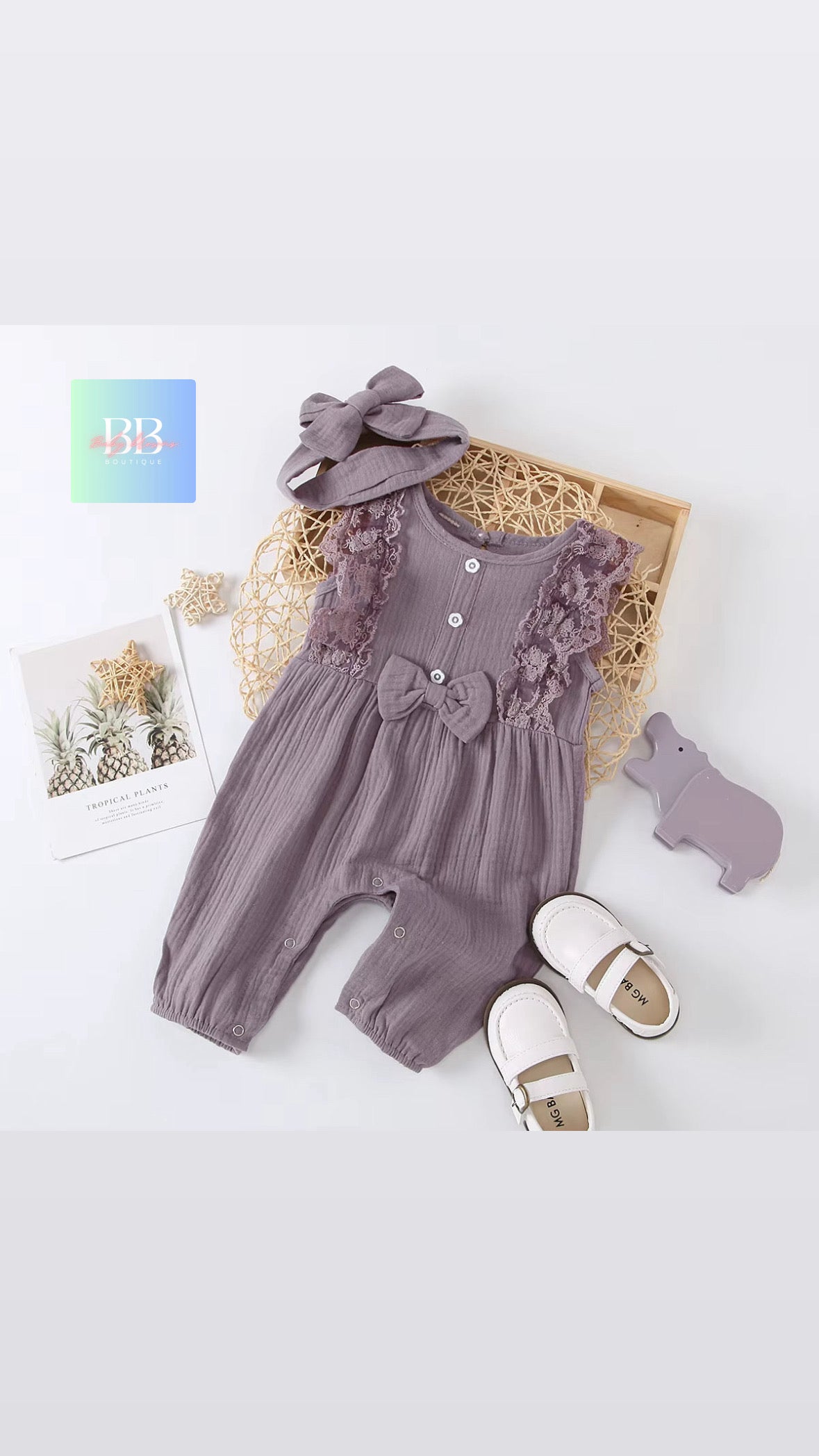 Baby/Toddler, Girls Sleeveless Romper with Lace, Cute Bow & Matching Headband. 6-24M, 5 colours.
