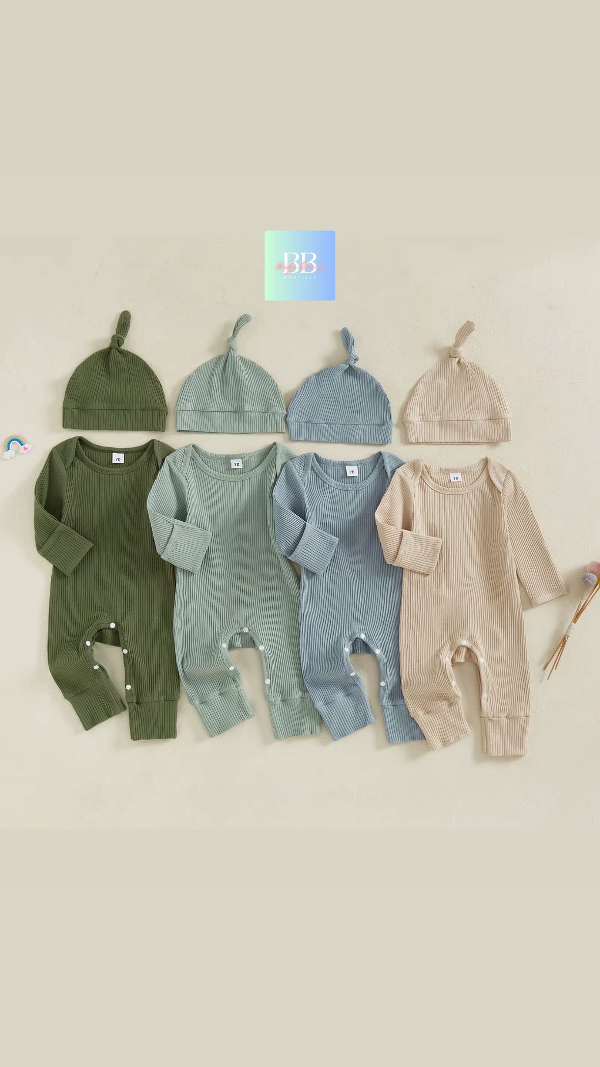 Baby/Toddler Ribbed Long Sleeve Romper with Hat. 0-12M, 4 colours available.