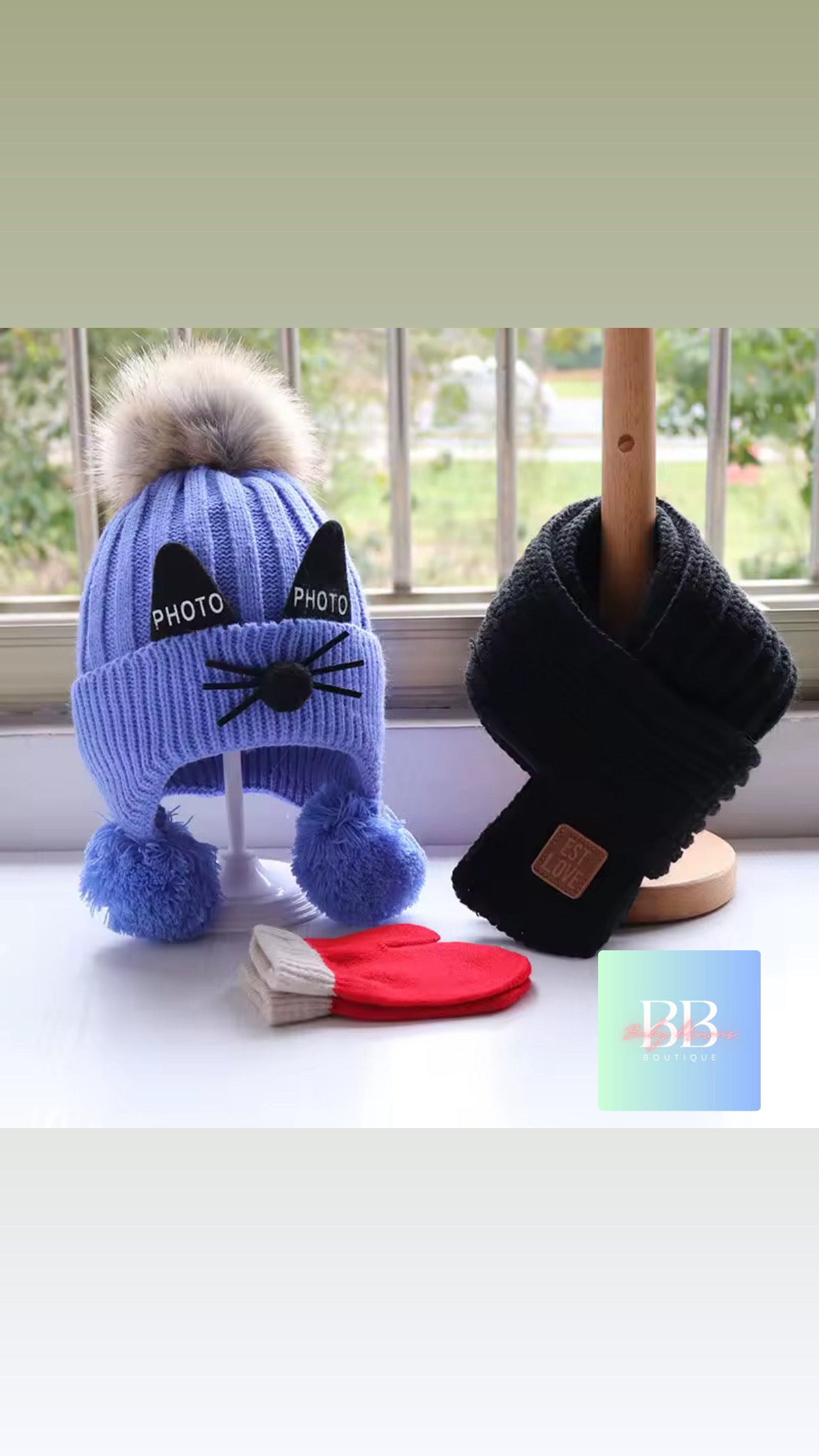 kids knitted Hat & Scarf Set with Cute Bobble & Cat Design. 2-12Y, 5 Colours.