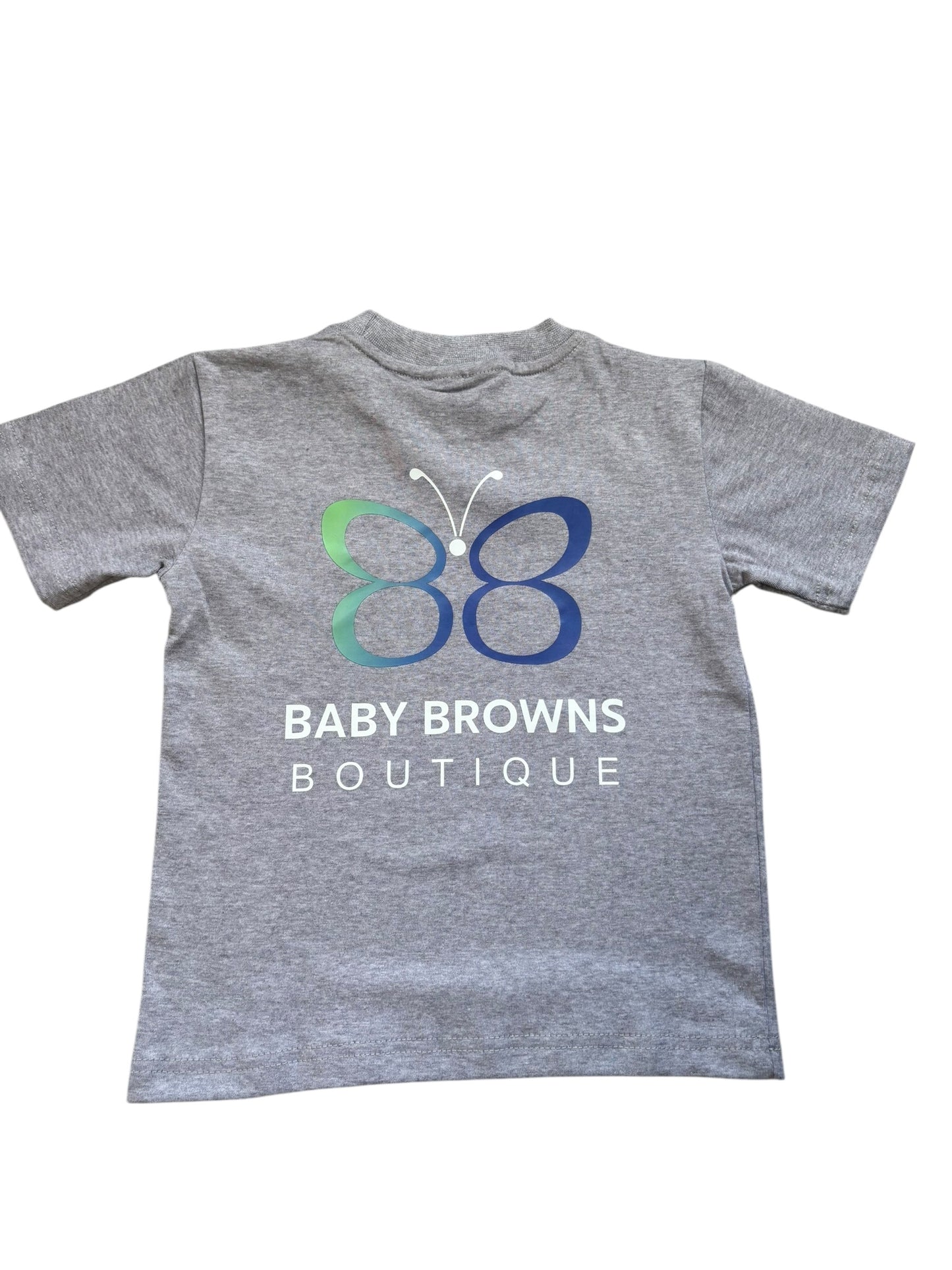 Gray t-shirt with a butterfly logo and text on a white background