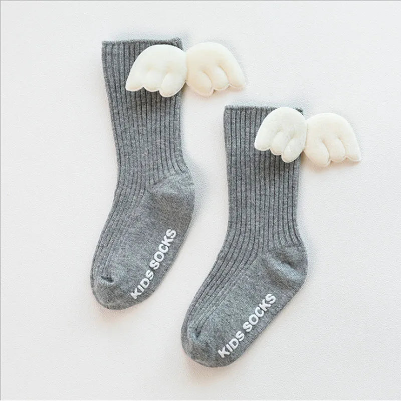 New Baby Girls Knee High Socks Angel Wing Summer Autumn Cotton Socks Solid Candy Color Children Toddler Short Socks for Kids