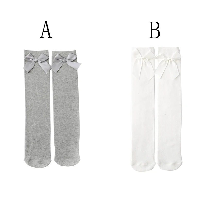 Baby Girls Socks Stockings Solid Color Bowknot Anti-Slip Cute Wild Cotton Long Stockings Toddler Girls Knee High Socks 0-5 Years