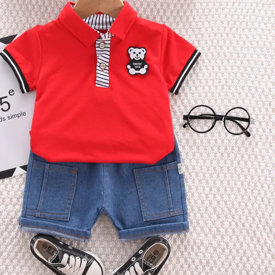 Summer Baby Boys Clothing Sets Korean Style Outfit for Kids Cartoon Short Sleeve Tops+ Denim Shorts Baby Boy Clothes Tracksuits