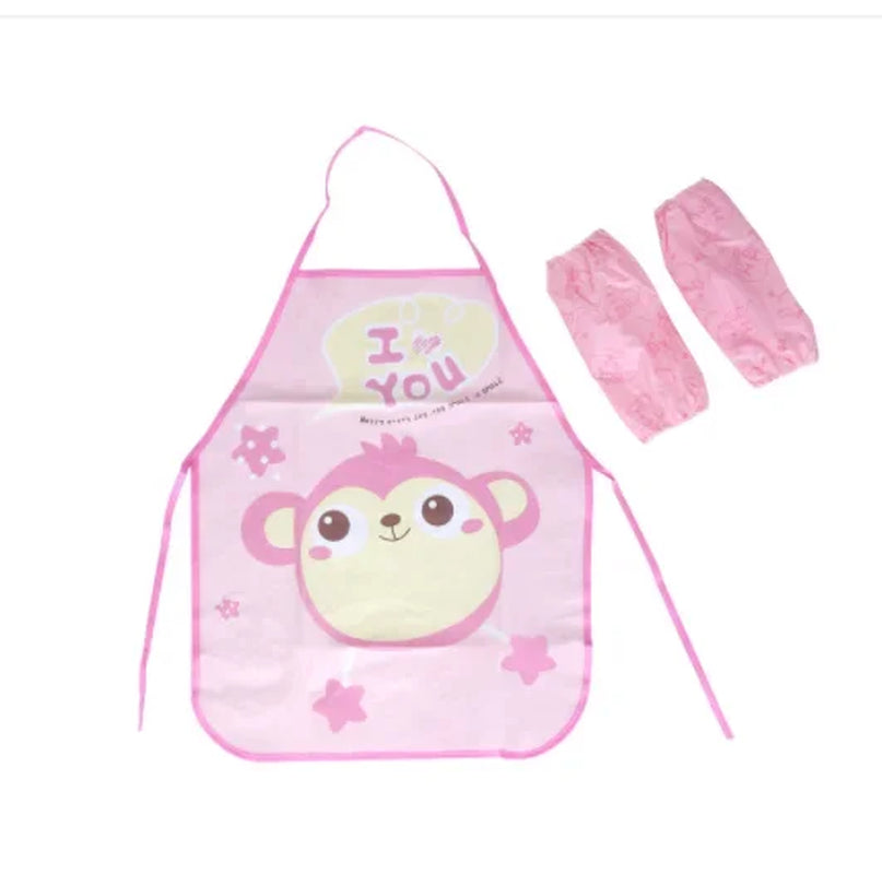 Cute Cartoon Children Apron Sleeves Chef Hat Pocket Set Kid Craft Art Kitchen Cooking Chef Suit Drink Food Baking Apron for 3-8Y