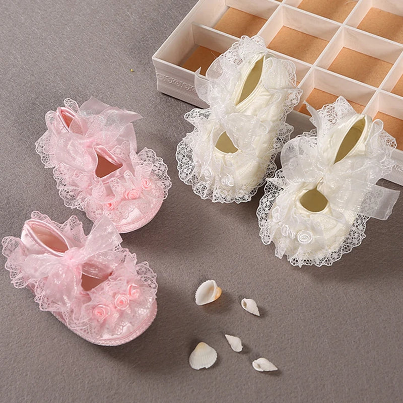 Newborn Princess Soft Sole First Walkers Infant Girls Lace Anti-Slip Shoes for Party Wedding Toddler Crib Cotton Prewalker 0-18M