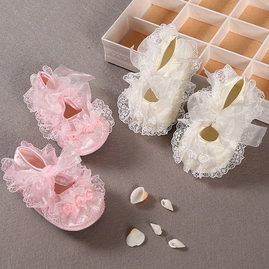 Newborn Princess Soft Sole First Walkers Infant Girls Lace Anti-Slip Shoes for Party Wedding Toddler Crib Cotton Prewalker 0-18M