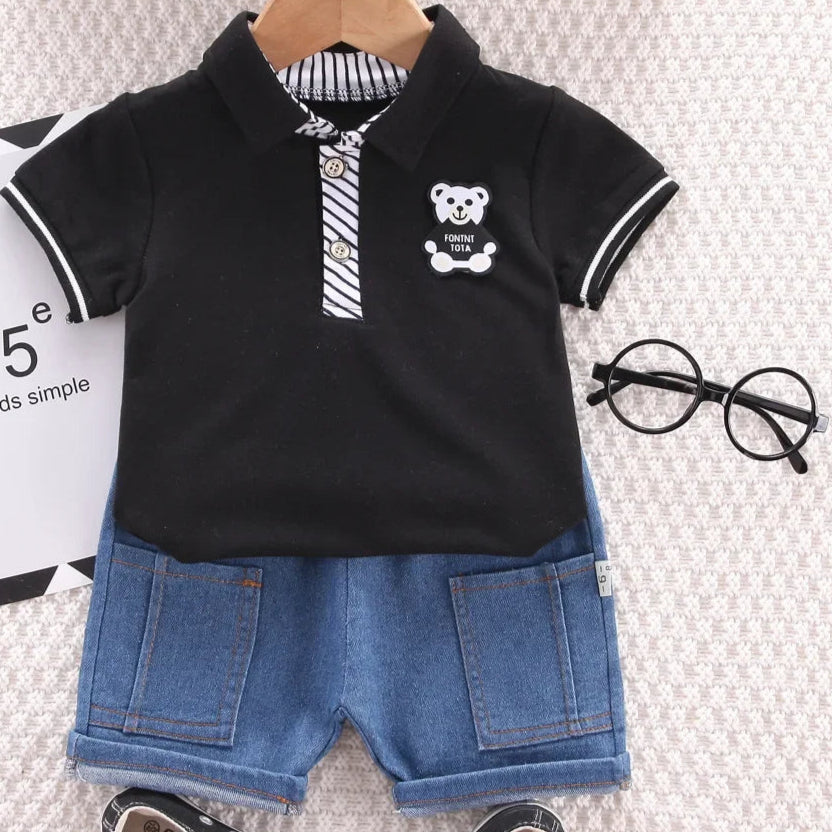 Summer Baby Boys Clothing Sets Korean Style Outfit for Kids Cartoon Short Sleeve Tops+ Denim Shorts Baby Boy Clothes Tracksuits