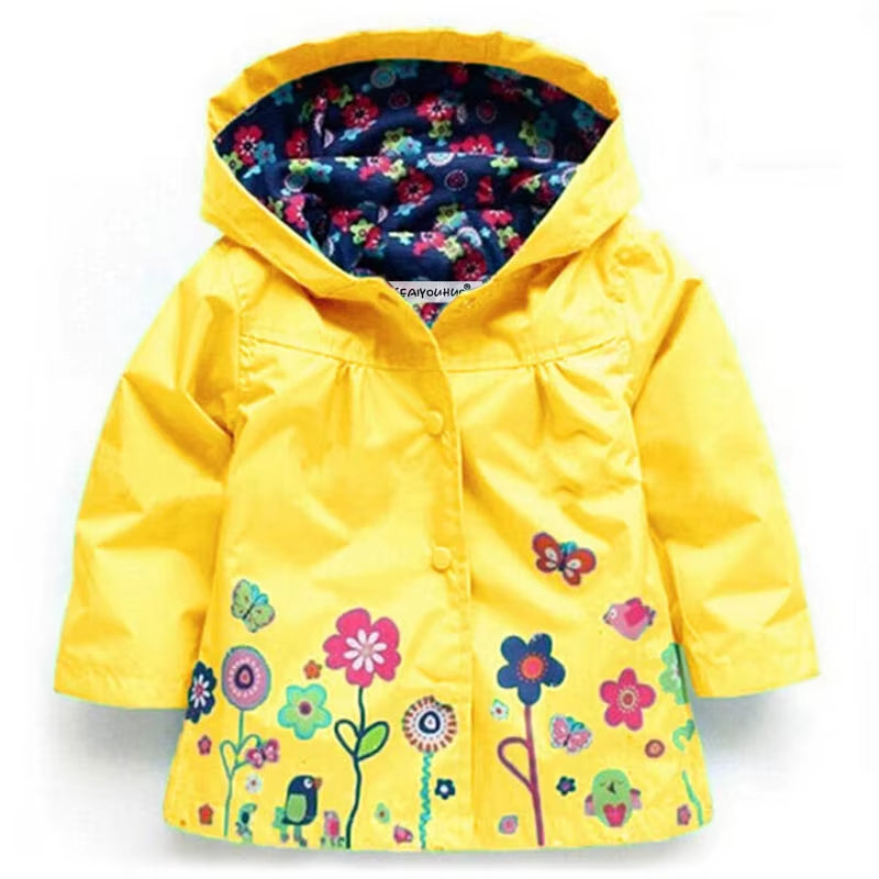 Girls Fashion Waterproof Children Clothes Autumn Casual Baby Boys Windcoat Long Sleeve Jacket Flower Print Kids Hoodie Outwear