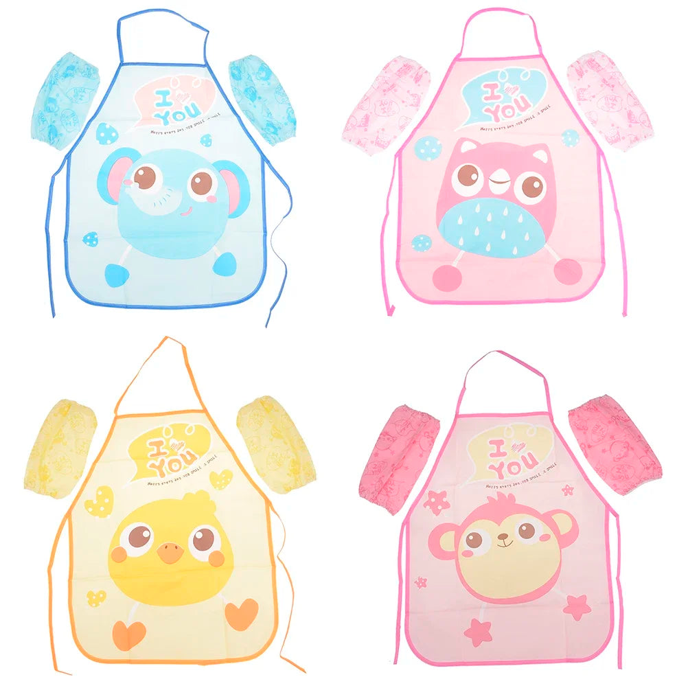 Cute Cartoon Children Apron Sleeves Chef Hat Pocket Set Kid Craft Art Kitchen Cooking Chef Suit Drink Food Baking Apron for 3-8Y