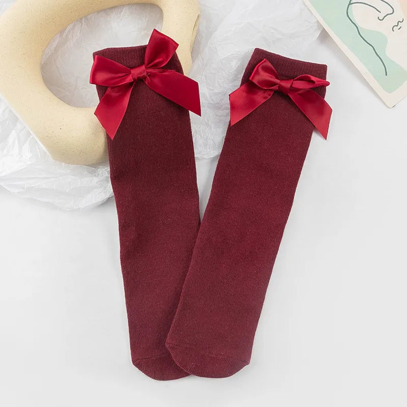 Baby Girls Socks Stockings Solid Color Bowknot Anti-Slip Cute Wild Cotton Long Stockings Toddler Girls Knee High Socks 0-5 Years