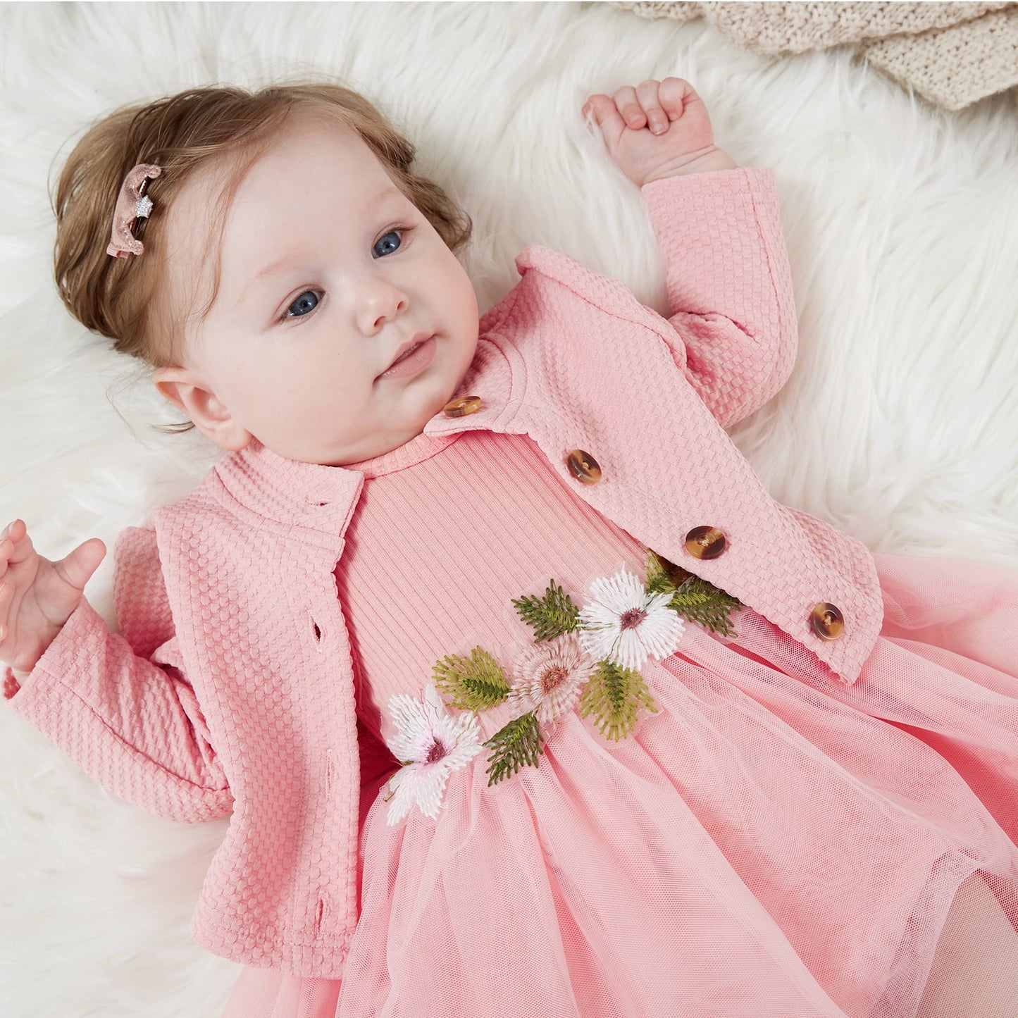 Baby Girl Dresses Long Sleeve Jacket and Floral Decor Mesh Panel Tank Dress Set, 6-9 Months