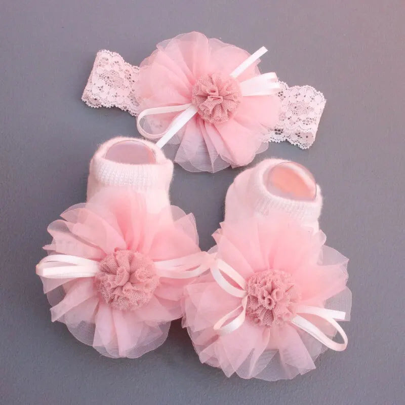 2 Pcs/Set Crown Baby Headband Socks Lace Bows Newborn Infant Girl Socks Hairband Set Kids Hair Accessories