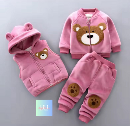 Kids Fleece Sweatshirt, Pants & Vest Set with hood & Cute Bear Logo. 4 Colours, 9M-3Y