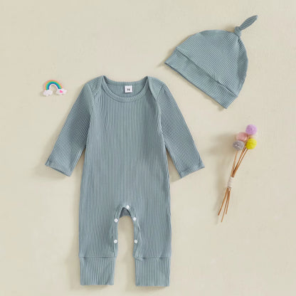 Solid Ribbed Long Sleeve Newborn Baby Romper with Hats Soft Casual Full Length Girls Boys Jumpsuit with Hat Set Infant Clothes