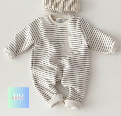 Baby/Toddler Long sleeved Fleece Lined Striped Romper. 4 colours, 6-24M.