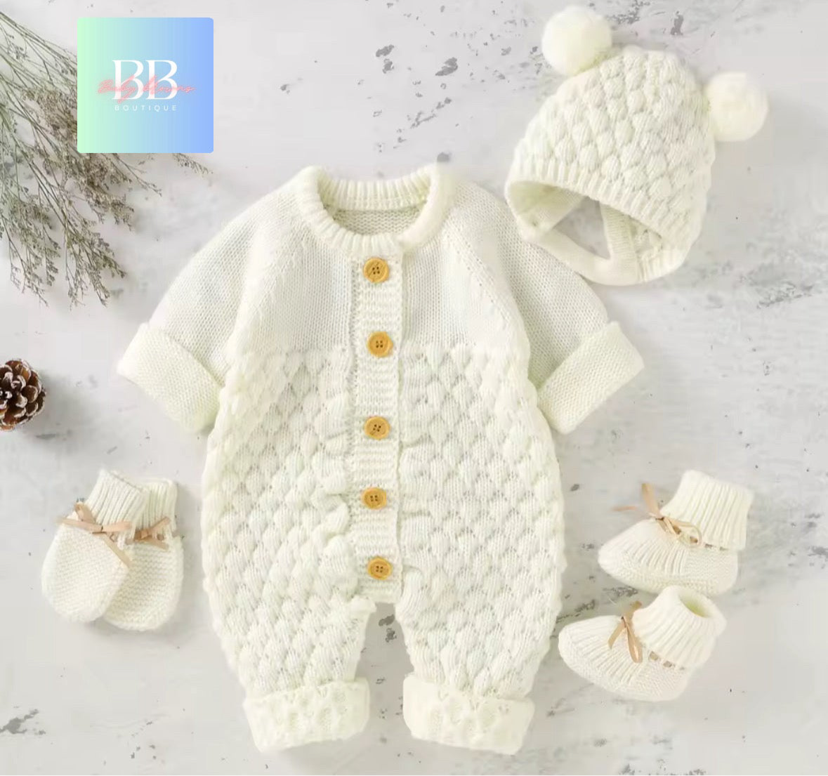 Baby/toddler knitted long sleeve Romper Sets. Boy/girl, 3-18M, 4 colours.