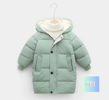 Children's light green puffer jacket on a white background