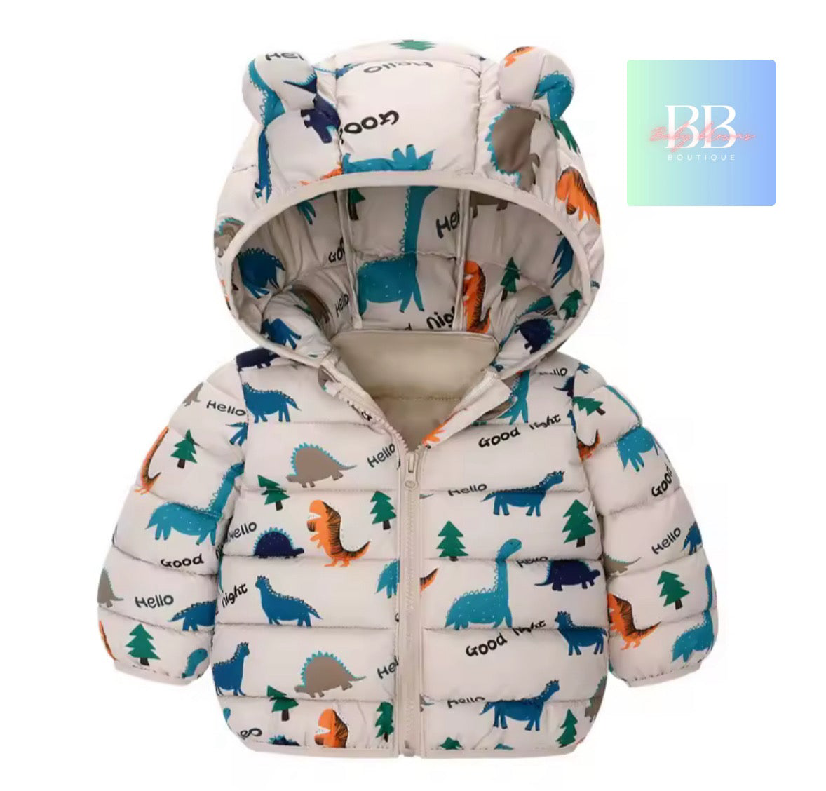 Children's puffer jacket with dinosaur pattern on a white background