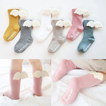 New Baby Girls Knee High Socks Angel Wing Summer Autumn Cotton Socks Solid Candy Color Children Toddler Short Socks for Kids