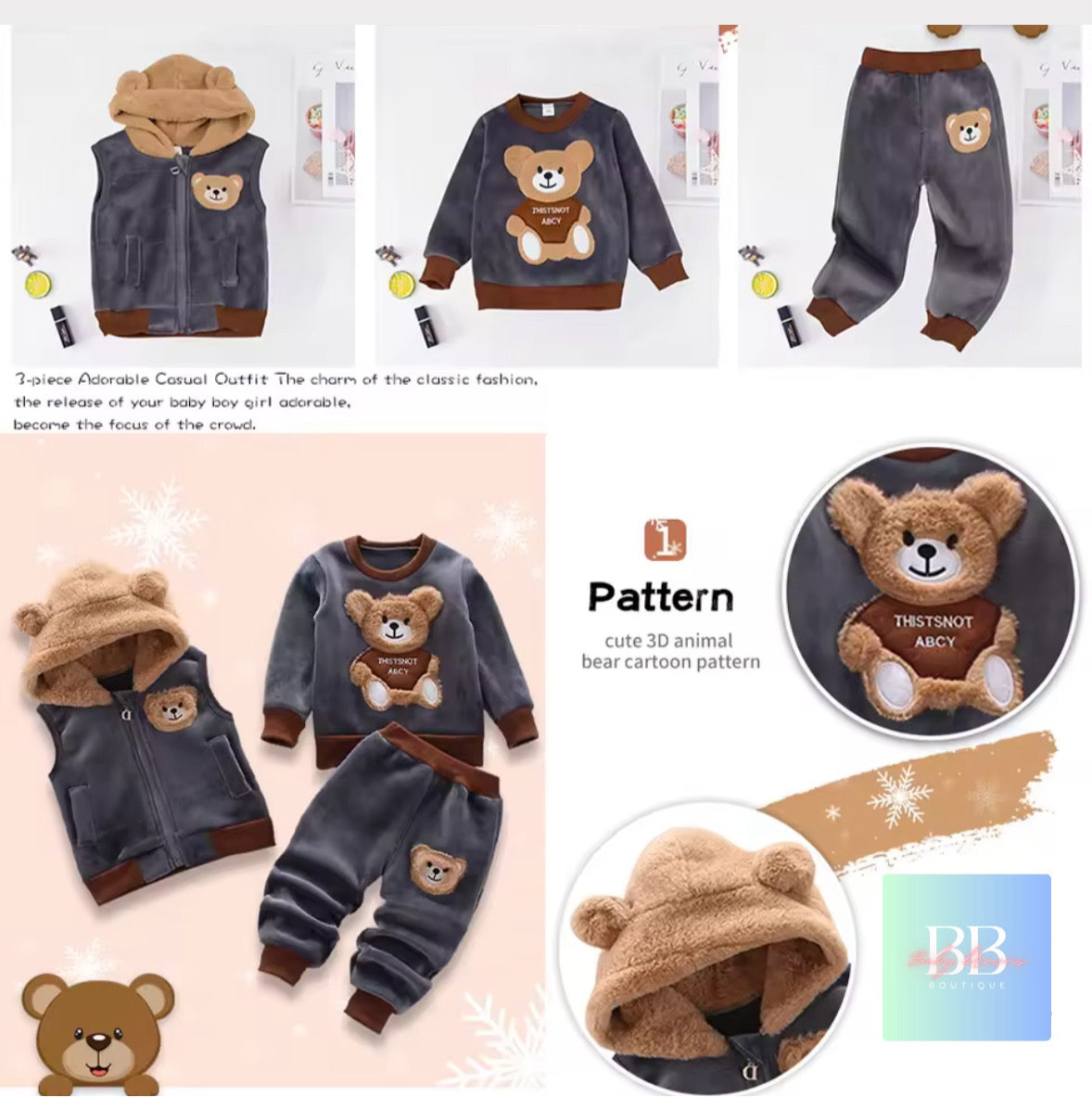Kids Fleece Sweatshirt, Pants & Vest Set with hood & Cute Bear Logo. 4 Colours, 9M-3Y