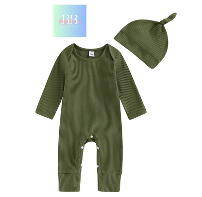 Baby/Toddler Ribbed Long Sleeve Romper with Hat. 0-12M, 4 colours available.