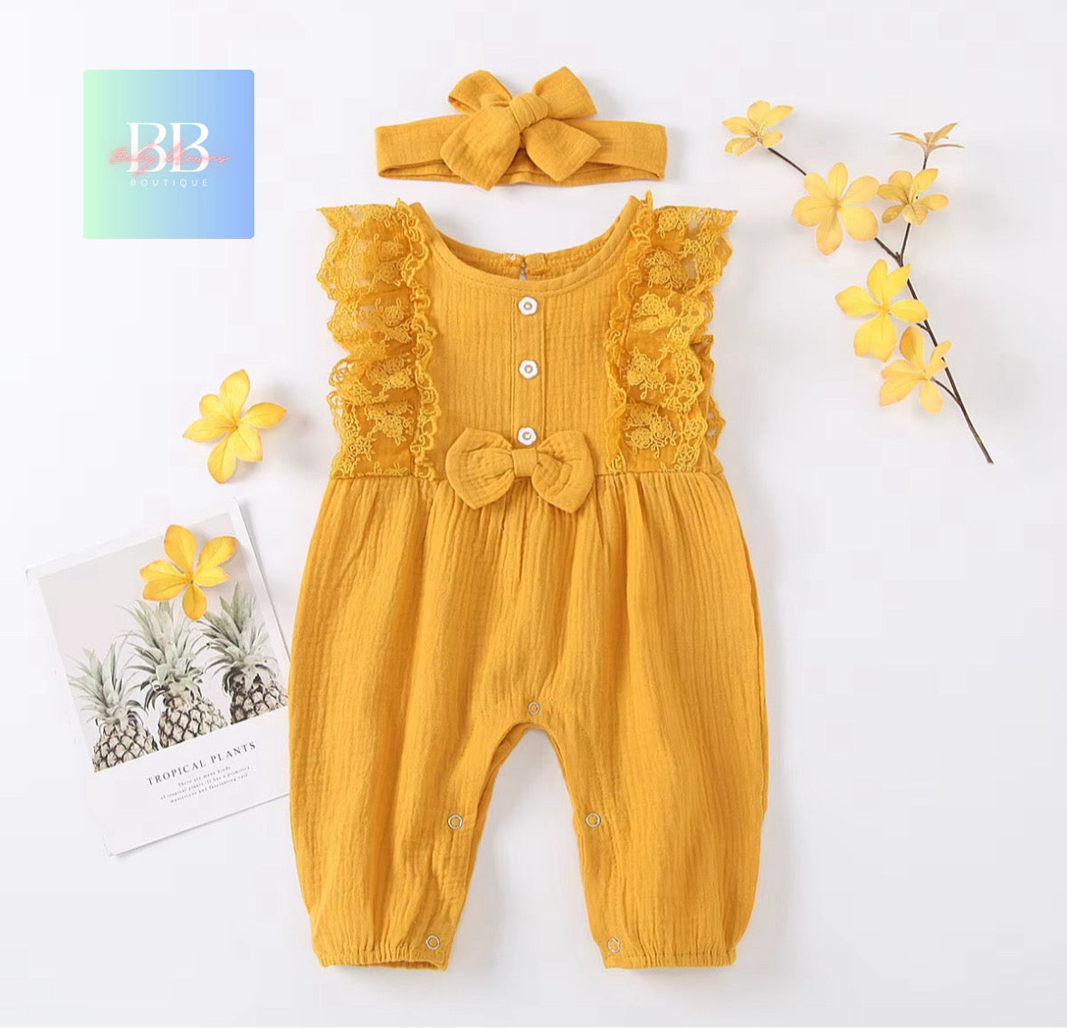 Baby/Toddler, Girls Sleeveless Romper with Lace, Cute Bow & Matching Headband. 6-24M, 5 colours.