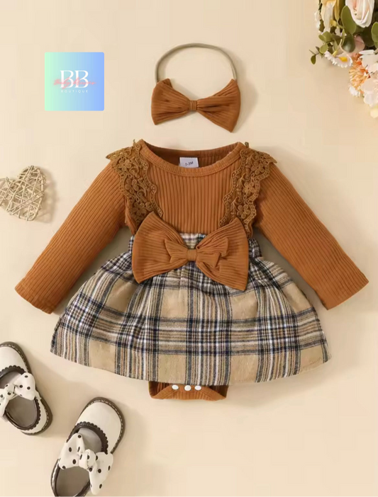 Baby/Toddler Long Sleeve Romper with Check Skirt, Cute Bow & Matching Headband. 2 Colours, 0-18M