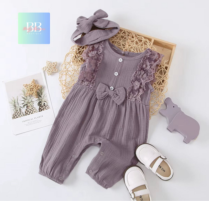 Baby/Toddler, Girls Sleeveless Romper with Lace, Cute Bow & Matching Headband. 6-24M, 5 colours.