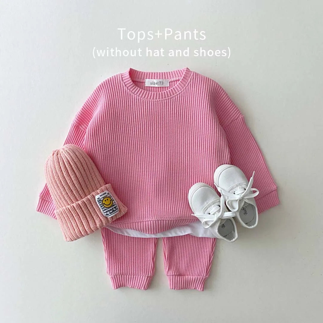 2023 Korea Toddler Baby Clothing Sets for Infant Baby Boys Clothes Set Mock Two-Piece Waffle Cotton Sweatshirt+Pants 2Pcs Outfit