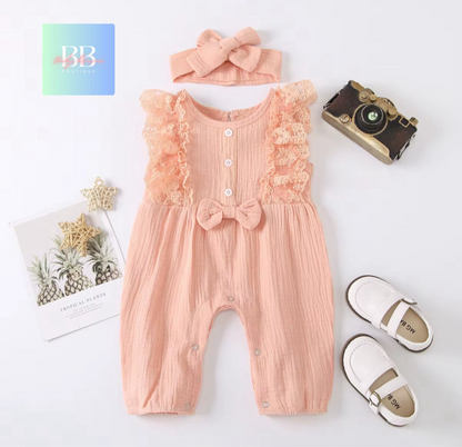 Baby/Toddler, Girls Sleeveless Romper with Lace, Cute Bow & Matching Headband. 6-24M, 5 colours.
