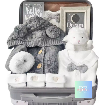Baby/Toddler Grey Gift Box Set Boy/Girl 3M-1Y. 2 Clothing Items, 4 Accessories & Toy!