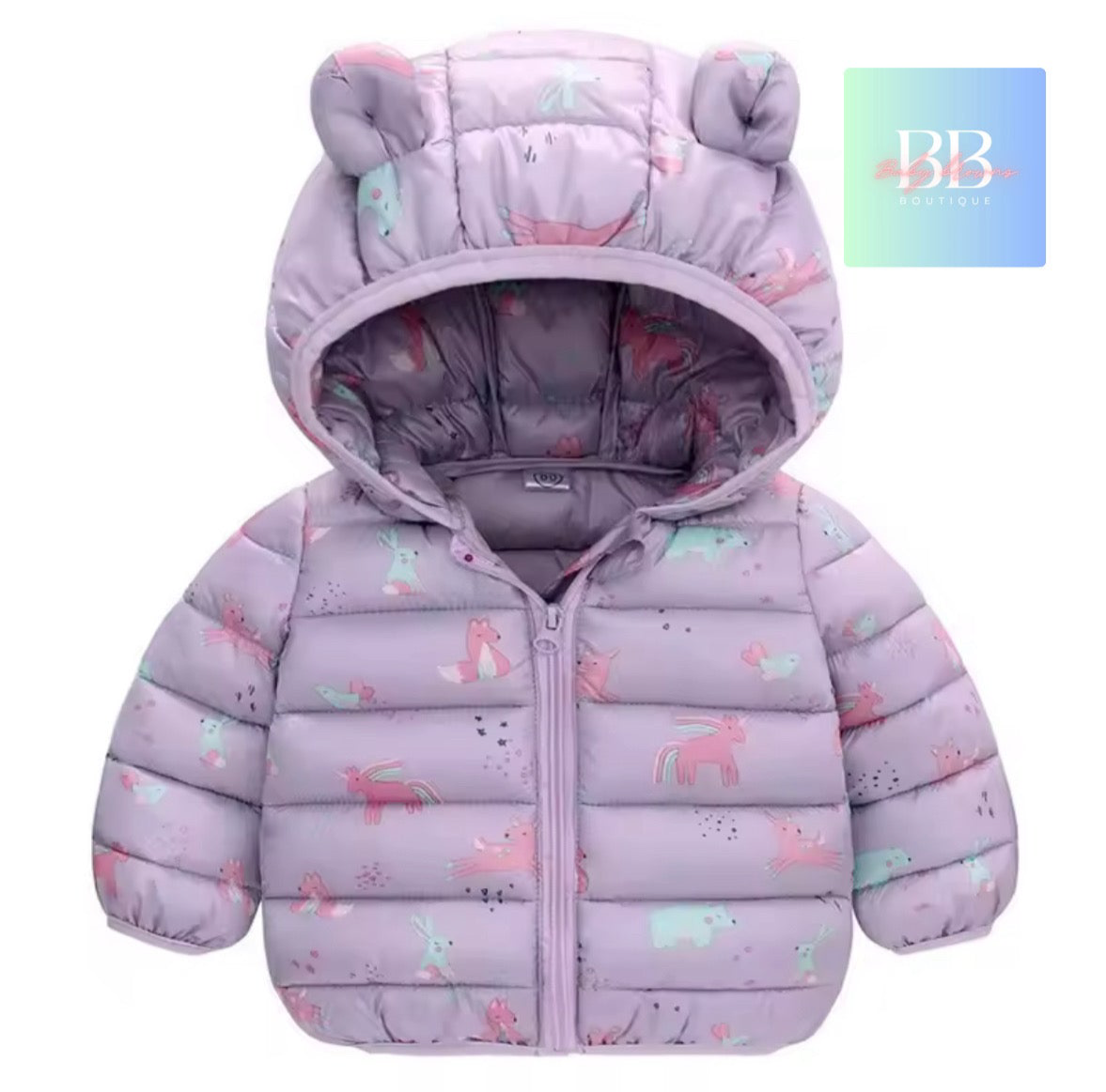Children's purple puffer jacket with bear ears on a white background